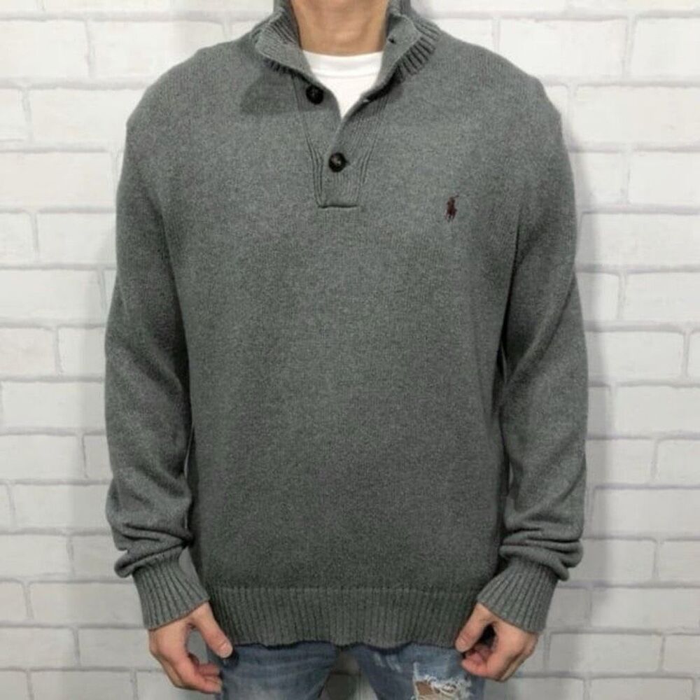 VINTAGE POLO RALPH LAUREN Men’s Gray Long Sleeve Button Neck Pullover Sweater Si